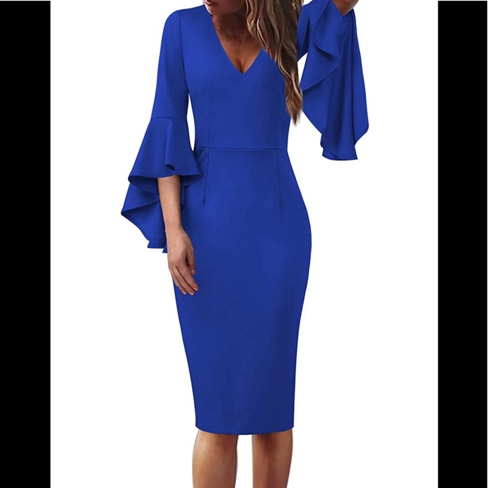 Elegant V Neck Ruffle Bell Sleeve Blue Cocktail Bodycon Pencil Sheath Dress